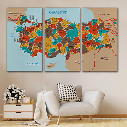 Harita Sepeti Türkiye Haritası Kanvas Tablo İl ve İlçeli Ayrıntılı Eğitici Komşulu Tablo 3010