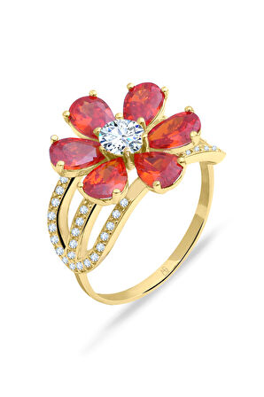 Turuncu Taşlı Altın Nergis Çiçeği Yüzük
