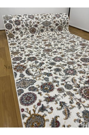 Çiçekli Otantik Desen Mavi Krem Kaymaz Taban Yıkanabilir Kesme Yolluk Halı