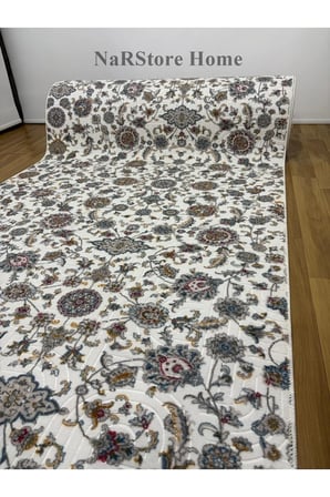 Çiçekli Otantik Desen Mavi Krem Kaymaz Taban Yıkanabilir Kesme Yolluk Halı