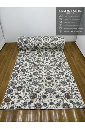 Çiçekli Otantik Desen Mavi Krem Kaymaz Taban Yıkanabilir Kesme Yolluk Halı