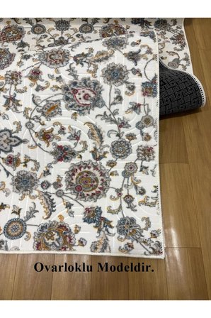 Çiçekli Otantik Desen Mavi Krem Kaymaz Taban Yıkanabilir Kesme Yolluk Halı