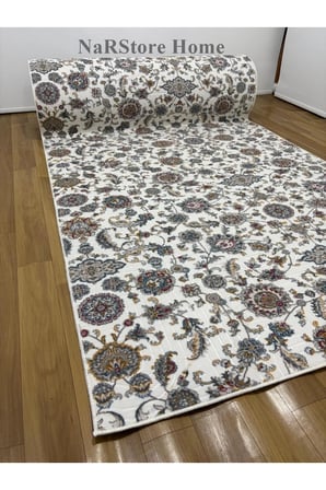 Çiçekli Otantik Desen Mavi Krem Kaymaz Taban Yıkanabilir Kesme Yolluk Halı