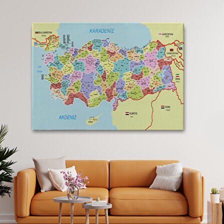 Harita Sepeti Türkiye Haritası Kanvas Tablo İl ve İlçeli Ayrıntılı Eğitici Komşulu Tablo 3011