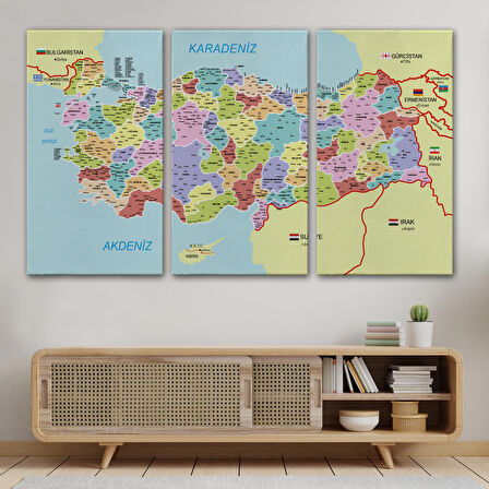 Harita Sepeti Türkiye Haritası Kanvas Tablo İl ve İlçeli Ayrıntılı Eğitici Komşulu Tablo 3011