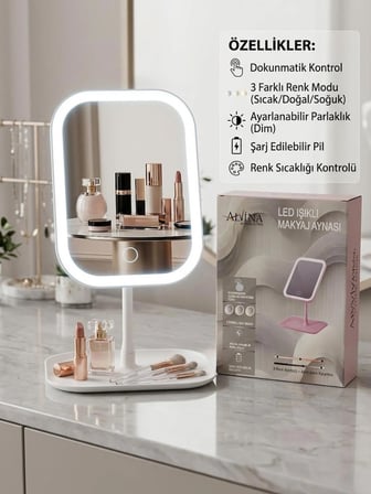 LED ışıklı DİMMERLİ USB ŞARJLI dokunmatik makyaj aynası beyaz - 3 RENK ışık modu 360 DÖNER masaüstü ayna kare