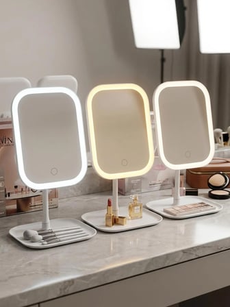 LED ışıklı DİMMERLİ USB ŞARJLI dokunmatik makyaj aynası beyaz - 3 RENK ışık modu 360 DÖNER masaüstü ayna kare