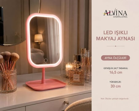 LED ışıklı DİMMERLİ USB ŞARJLI dokunmatik makyaj aynası pembe - 3 RENK ışık modu 360 DÖNER masaüstü ayna kare