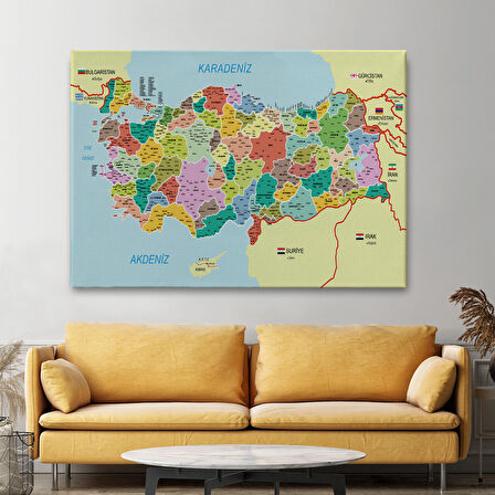 Harita Sepeti Türkiye Haritası Kanvas Tablo İl ve İlçeli Ayrıntılı Eğitici Komşulu Tablo 3012