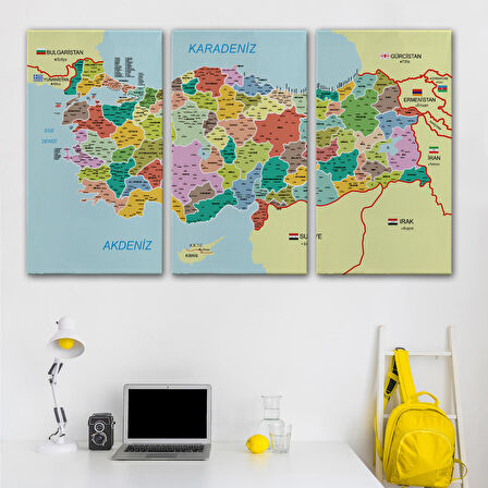 Harita Sepeti Türkiye Haritası Kanvas Tablo İl ve İlçeli Ayrıntılı Eğitici Komşulu Tablo 3012