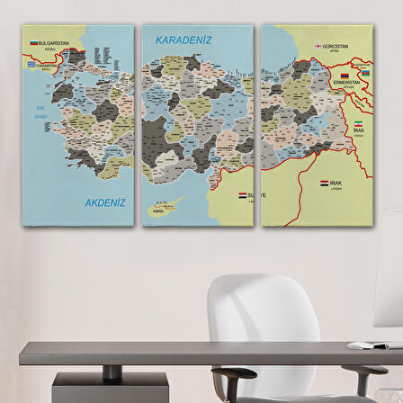 Harita Sepeti Türkiye Haritası Kanvas Tablo İl ve İlçeli Ayrıntılı Eğitici Komşulu Tablo 3013