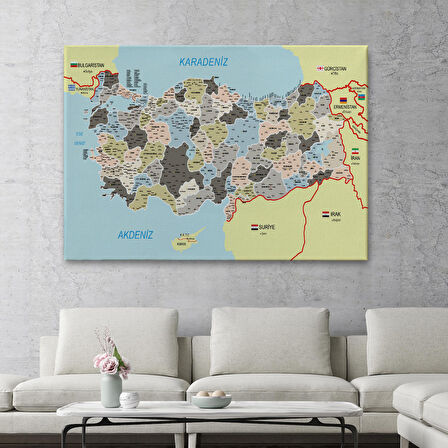 Harita Sepeti Türkiye Haritası Kanvas Tablo İl ve İlçeli Ayrıntılı Eğitici Komşulu Tablo 3013