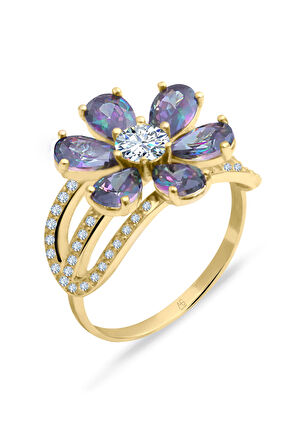 Mistik Taşlı Altın Nergis Çiçeği Yüzük