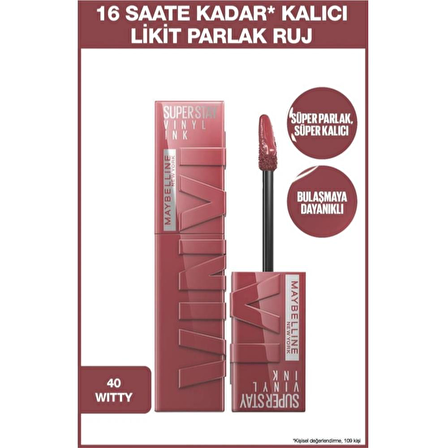 Maybelline New York Super Stay Vinyl Ink Uzun Süre Kalıcı Likit Parlak Ruj 40 Witty