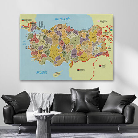 Harita Sepeti Türkiye Haritası Kanvas Tablo İl ve İlçeli Ayrıntılı Eğitici Komşulu Tablo 3014