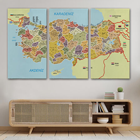 Harita Sepeti Türkiye Haritası Kanvas Tablo İl ve İlçeli Ayrıntılı Eğitici Komşulu Tablo 3014