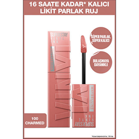 Maybelline New York Super Stay Vinyl Ink Uzun Süre Kalıcı Likit Parlak Ruj 100 Charmed