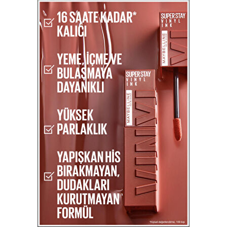 Maybelline New York Super Stay Vinyl Ink Uzun Süre Kalıcı Likit Parlak Ruj 100 Charmed