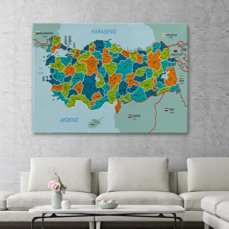 Harita Sepeti Türkiye Haritası Kanvas Tablo İl ve İlçeli Ayrıntılı Eğitici Komşulu Tablo 3015