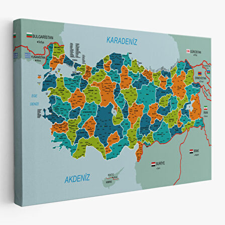 Harita Sepeti Türkiye Haritası Kanvas Tablo İl ve İlçeli Ayrıntılı Eğitici Komşulu Tablo 3015