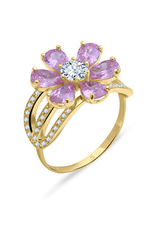 Pembe Taşlı Altın Nergis Çiçeği Yüzük