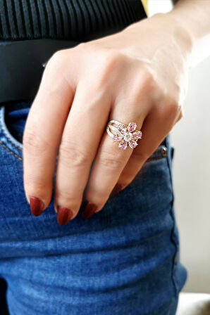 Pembe Taşlı Altın Nergis Çiçeği Yüzük