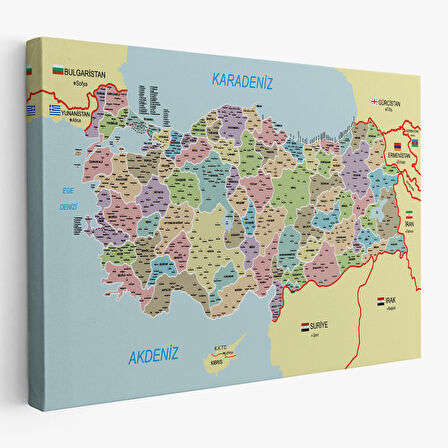 Harita Sepeti Türkiye Haritası Kanvas Tablo İl ve İlçeli Ayrıntılı Eğitici Komşulu Tablo 3016