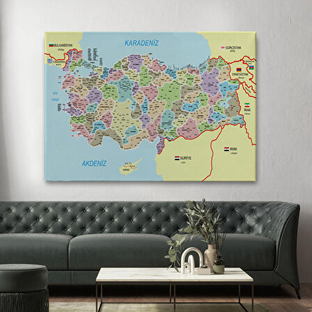 Harita Sepeti Türkiye Haritası Kanvas Tablo İl ve İlçeli Ayrıntılı Eğitici Komşulu Tablo 3016