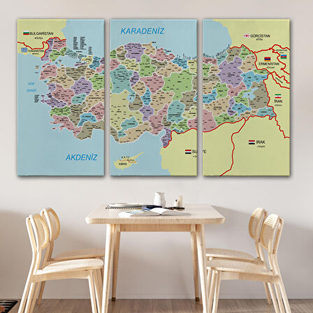 Harita Sepeti Türkiye Haritası Kanvas Tablo İl ve İlçeli Ayrıntılı Eğitici Komşulu Tablo 3016