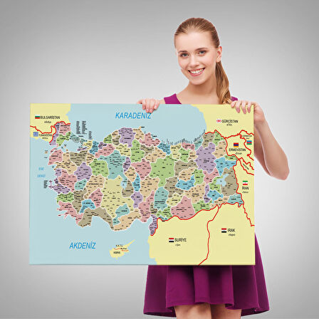 Harita Sepeti Türkiye Haritası Kanvas Tablo İl ve İlçeli Ayrıntılı Eğitici Komşulu Tablo 3016