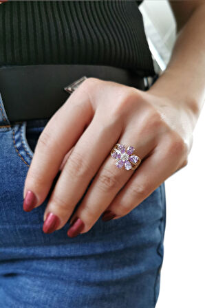 Lila Taşlı Altın Nergis Çiçeği Yüzük