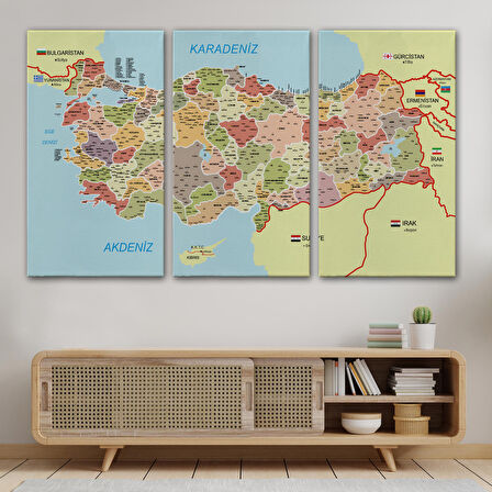 Harita Sepeti Türkiye Haritası Kanvas Tablo İl ve İlçeli Ayrıntılı Eğitici Komşulu Tablo 3017