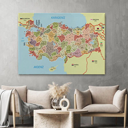 Harita Sepeti Türkiye Haritası Kanvas Tablo İl ve İlçeli Ayrıntılı Eğitici Komşulu Tablo 3017