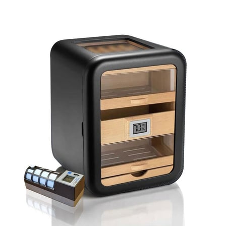 Cigarloong Skylight Camlı 5 Çekmeceli Puro Kutusu Siyah 80's CigarSpa Elektronik Nemlendirme