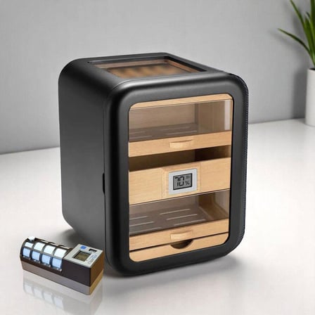 Cigarloong Skylight Camlı 5 Çekmeceli Puro Kutusu Siyah 80's CigarSpa Elektronik Nemlendirme