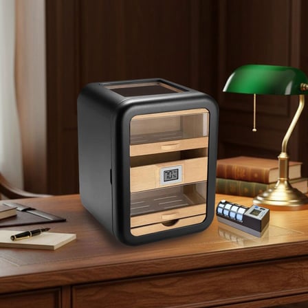 Cigarspa Elektronik Nemlendiricili Camlı 5 Çekmeceli Puro Kutusu Humidor Skylight Siyah
