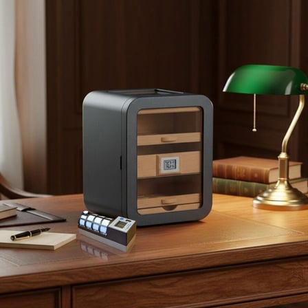 Cigarspa Elektronik Nemlendiricili Camlı 5 Çekmeceli Puro Kutusu Humidor Skylight Karbon Desen