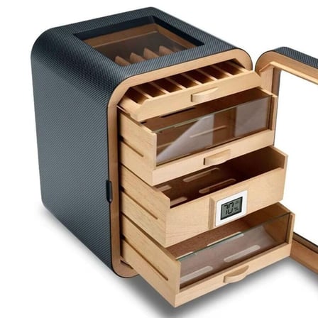 Cigarspa Elektronik Nemlendiricili Camlı 5 Çekmeceli Puro Kutusu Humidor Skylight Karbon Desen