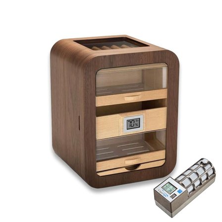 Cigarspa Elektronik Nemlendiricili Camlı 5 Çekmeceli Puro Kutusu Humidor Skylight Ceviz