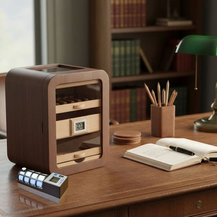 Cigarspa Elektronik Nemlendiricili Camlı 5 Çekmeceli Puro Kutusu Humidor Skylight Ceviz
