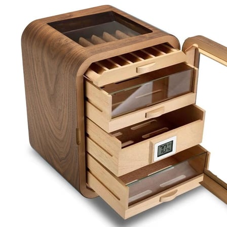 Cigarspa Elektronik Nemlendiricili Camlı 5 Çekmeceli Puro Kutusu Humidor Skylight Ceviz