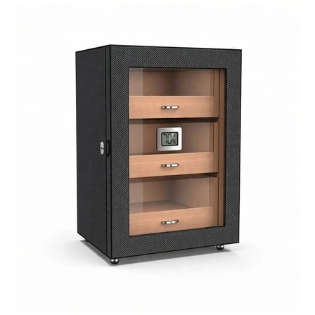 Camlı 3 Çekmeceli Puro Kutusu Humidor Karbon Desen 100's