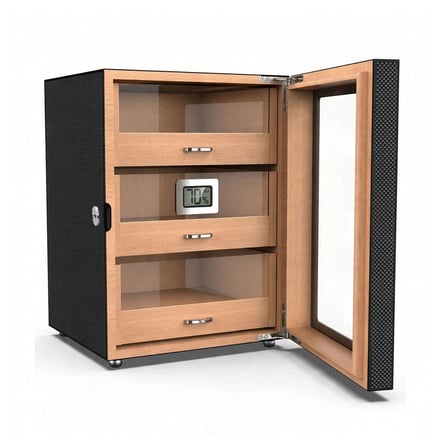 Camlı 3 Çekmeceli Puro Kutusu Humidor Karbon Desen 100's