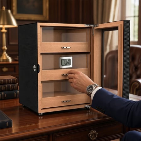 Camlı 3 Çekmeceli Puro Kutusu Humidor Karbon Desen 100's