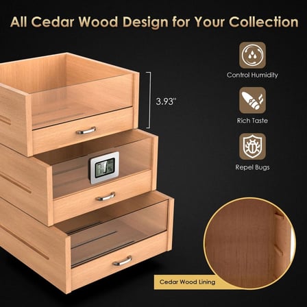 Camlı 3 Çekmeceli Puro Kutusu Humidor Karbon Desen 100's