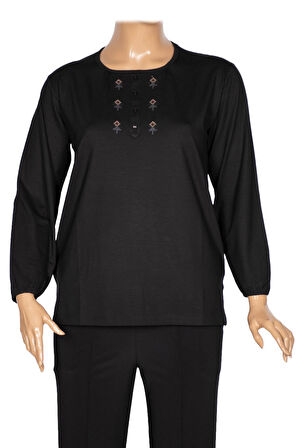 Cimariva Kadın Neşe Büyük Beden O Yaka Robası Nakışlı Siyah Bluz