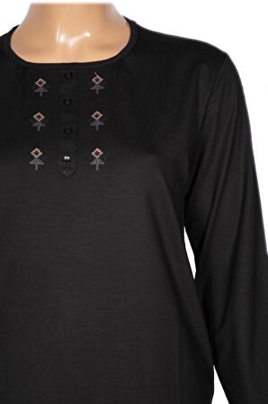 Cimariva Kadın Neşe Büyük Beden O Yaka Robası Nakışlı Siyah Bluz