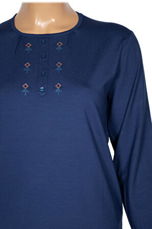 Cimariva Kadın Neşe Büyük Beden O Yaka Robası Nakışlı İndigo Bluz