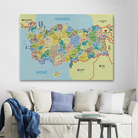 Harita Sepeti Türkiye Haritası Kanvas Tablo İl ve İlçeli Ayrıntılı Eğitici Komşulu Tablo 3018