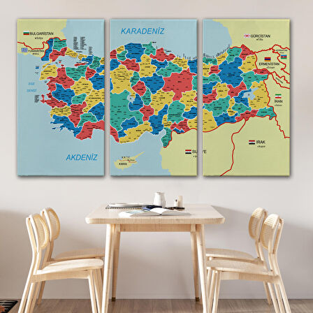 Harita Sepeti Türkiye Haritası Kanvas Tablo İl ve İlçeli Ayrıntılı Eğitici Komşulu Tablo 3019